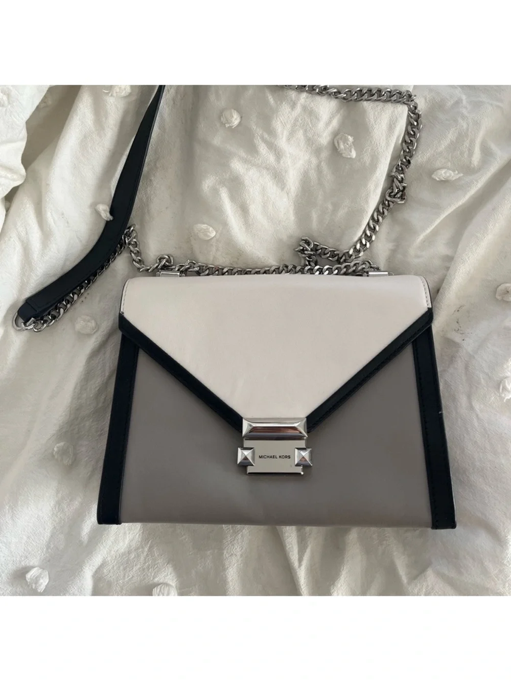 Michael Kors Colorblock Leather Crossbody in White, Black & Taupe